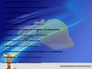 10. Bagazosis: Bagazo de caña de azúcar.

11. Enfermedad pulmonar por polvo de cáñamo.

12. Tabacosis: Polvo de tabaco.

13. Saturnismo: Polvo y sus compuestos.

14. Hidragirismo: Mercurio y sus amalgamas

15. Enfermedades causadas por el cadmio y sus compuestos.

16. Manganismo: Manganeso y sus compuestos.

17. Cromismo: Cromo y sus compuestos.

18. Beriliosis: Berilio y sus compuestos.

19. Enfermedades producidas por el Vanadio y sus compuestos.

20. Arsenismo: Arsénico y sus compuestos.

21. Fosforismo: Fósforo y sus compuestos.
 