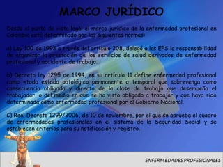MARCO JURÍDICO
Desde el punto de vista legal el marco jurídico de la enfermedad profesional en
Colombia está determinado por las siguientes normas:

a) Ley 100 de 1993 a través del artículo 208, delegó a las EPS la responsabilidad
de organizar la prestación de los servicios de salud derivados de enfermedad
profesional y accidente de trabajo.

b) Decreto ley 1295 de 1994, en su artículo 11 define enfermedad profesional
como «todo estado patológico permanente o temporal que sobrevenga como
consecuencia obligada y directa de la clase de trabajo que desempeña el
trabajador, o del medio en que se ha visto obligado a trabajar y que haya sido
determinada como enfermedad profesional por el Gobierno Nacional.

C) Real Decreto 1299/2006, de 10 de noviembre, por el que se aprueba el cuadro
de enfermedades profesionales en el sistema de la Seguridad Social y se
establecen criterios para su notificación y registro.
 