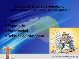 ¿QUE DIFERENCIA LA ENFERMEDAD
  PROFESIONAL DE LA ENFERMEDAD COMUN?



 Agente
Exposición
Enfermedad
Relación de causalidad
 