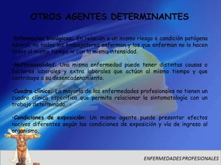 OTROS AGENTES DETERMINANTES

•Diferencias biológicas: En relación a un mismo riesgo o condición patógena
laboral, no todos los trabajadores enferman y los que enferman no lo hacen
todos al mismo tiempo ni con la misma intensidad.

•Multicausalidad: Una misma enfermedad puede tener distintas causas o
factores laborales y extra laborales que actúan al mismo tiempo y que
contribuye a su desencadenamiento.

•Cuadro clínico: La mayoría de las enfermedades profesionales no tienen un
cuadro clínico específico que permita relacionar la sintomatología con un
trabajo determinado.

•Condiciones de exposición: Un mismo agente puede presentar efectos
nocivos diferentes según las condiciones de exposición y vía de ingreso al
organismo.
 