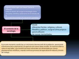cuando cobra vigor con mayor fuerza la
reflexión
sobre lo social. Así surge la sociología como
disciplina científica autónoma en el tránsito de
la
sociedad estamental a la industrial-capitalista.

El contexto de la
sociología

Desde
diferentes frentes -religioso, cultural,
filosófico, político-, surge el clima propicio
para la difusión
de nuevas mentalidades.

Es en este momento cuando hay un crecimiento desmesurado de la población, apareciendo
el fenómeno de la urbanización y la aparición de nuevas clases sociales. Se impone la fábrica
sobre el viejo taller, y las transformaciones industriales son alimentadas por nuevos
planteamientos científicos, creando continuos procesos de especialización laboral y división
del trabajo.

 