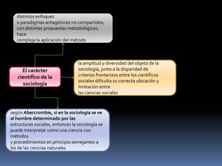 distintos enfoques
o paradigmas antagónicos no compartidos,
con distintas propuestas metodológicas,
hace
compleja la aplicación del método

El carácter
científico de la
sociología

la amplitud y diversidad del objeto de la
sociología, junto a la disparidad de
criterios fronterizos entre los científicos
sociales dificulta su correcta ubicación y
limitación entre
las ciencias sociales

según Abercrombie, si en la sociología se ve
al hombre determinado por las
estructuras sociales, entonces la sociología se
puede interpretar como una ciencia con
métodos
y procedimientos en principio semejantes a
los de las ciencias naturales

 