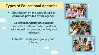 • Classification on the basis of type of
education provided by the agency:
Types of Educational Agencies
B.) Informal Agency of Education
- includes institutions which perform
educational functions incidentally and
indirectly.
Examples: family, peer group, youth
clubs, etc.
 
