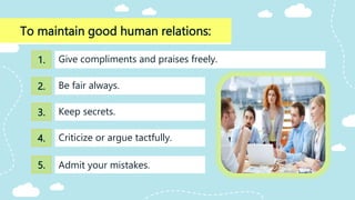 To maintain good human relations:
Keep secrets.
Give compliments and praises freely.
Be fair always.
Criticize or argue tactfully.
Admit your mistakes.
1.
2.
3.
4.
5.
 