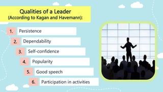 Qualities of a Leader
(According to Kagan and Havemann):
Self-confidence
Persistence
Dependability
1.
2.
3.
4.
5.
Participation in activities
6.
Popularity
Good speech
 