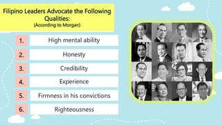 Filipino Leaders Advocate the Following
Qualities:
(According to Morgan)
Credibility
High mental ability
Honesty
1.
2.
3.
4.
5.
Righteousness
6.
Experience
Firmness in his convictions
 