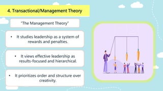 4. Transactional/Management Theory
“The Management Theory”
• It studies leadership as a system of
rewards and penalties.
• It views effective leadership as
results-focused and hierarchical.
• It prioritizes order and structure over
creativity.
 