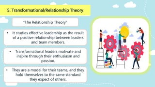 5. Transformational/Relationship Theory
“The Relationship Theory”
• It studies effective leadership as the result
of a positive relationship between leaders
and team members.
• Transformational leaders motivate and
inspire through their enthusiasm and
passion.
• They are a model for their teams, and they
hold themselves to the same standard
they expect of others.
 