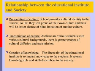 Relationship between the educational institute
and Society

   Preservation of culture: School provides cultural identity to the
    student, so that they feel proud of their own culture and their
    will be lesser chance of blind imitation of another culture.

   Transmission of culture: As there are various students with
    various cultural backgrounds, there is greater chance of
    cultural diffusion and transmission.

   Creation of knowledge: - The direct aim of the educational
    institute is to impart knowledge to the students, It returns
    knowledgeable and skilled members to the society.
 