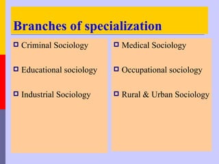 Branches of specialization
   Criminal Sociology         Medical Sociology

   Educational sociology      Occupational sociology

   Industrial Sociology       Rural & Urban Sociology
 