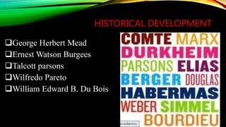 HISTORICAL DEVELOPMENT
George Herbert Mead
Ernest Watson Burgees
Talcott parsons
Wilfredo Pareto
William Edward B. Du Bois
 