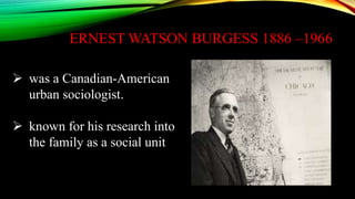 ERNEST WATSON BURGESS 1886 –1966
 was a Canadian-American
urban sociologist.
 known for his research into
the family as a social unit
 