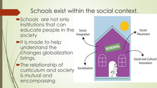 Schools exist within the social context.
Schools are not only
institutions that can
educate people in the
society
It is made to help
understand the
changes globalization
brings.
The relationship of
curriculum and society
is mutual and
encompassing
 