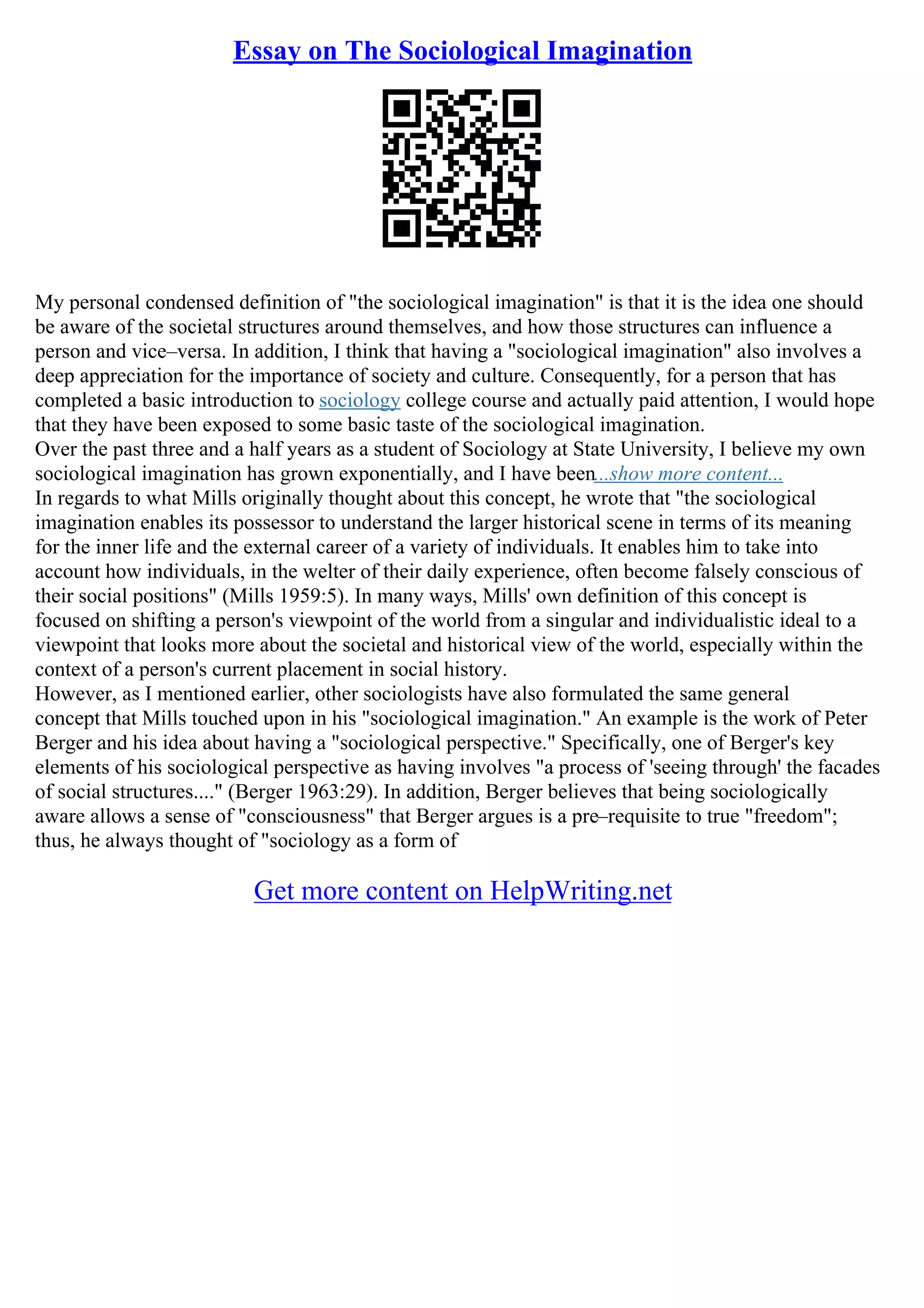 Sociological Imagination Essay | PDF