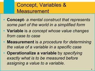Concept, Variables &
Measurement
• Concept- a mental construct that represents
some part of the world in a simplified form
• Variable is a concept whose value changes
from case to case
• Measurement is a procedure for determining
the value of a variable in a specific case
• Operationalize a variable by specifying
exactly what is to be measured before
assigning a value to a variable.
6
 