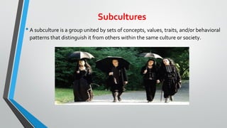 Subcultures
•A subculture is a group united by sets of concepts, values, traits, and/or behavioral
patterns that distinguish it from others within the same culture or society.
 