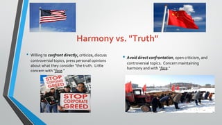 Harmony vs. "Truth"
• Willing to confront directly, criticize, discuss
controversial topics, press personal opinions
about what they consider "the truth. Little
concern with "face."
• Avoid direct confrontation, open criticism, and
controversial topics. Concern maintaining
harmony and with "face."
20
 
