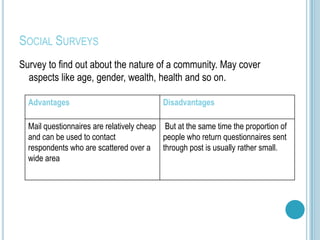 SOCIAL SURVEYS
Survey to find out about the nature of a community. May cover
  aspects like age, gender, wealth, health and so on.

  Advantages                               Disadvantages

  Mail questionnaires are relatively cheap But at the same time the proportion of
  and can be used to contact               people who return questionnaires sent
  respondents who are scattered over a through post is usually rather small.
  wide area
 