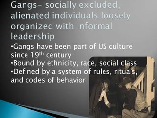 Gangs- socially excluded, alienated individuals loosely organized with informal leadershipGangs have been part of US culture since 19th century