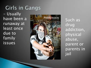 Seen as normal adolescent peer activity from conventional to wild behaviorGangs – (cont’d)Employ distinctive symbols:Style/color of dressHand signsTattoosGraffiti
