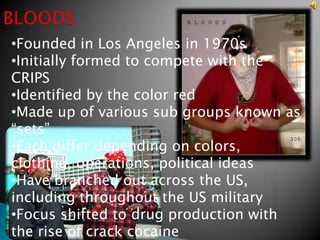 Financial gain through violent acts, criminal and delinquentGangs- (cont’d)Prevalent in neighborhoods where community network is weak