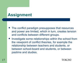 Assignment

        The conflict paradigm presupposes that resources
         and power are limited, which in turn, creates tension
         and conflicts between different groups.
        Investigate some relationships within the school from
         the viewpoint of conflict theories, for example the
         relationship between teachers and students, or
         between school-board and students, or between
         pastime and studies.

17                                               TOK202
 