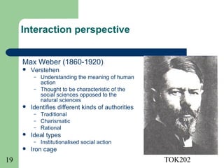Interaction perspective


     Max Weber (1860-1920)
        Verstehen
          –   Understanding the meaning of human
              action
          –   Thought to be characteristic of the
              social sciences opposed to the
              natural sciences
        Identifies different kinds of authorities
          –   Traditional
          –   Charismatic
          –   Rational
        Ideal types
          –   Institutionalised social action
        Iron cage
19                                                   TOK202
 