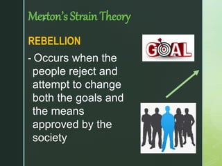 z
Merton’s Strain Theory
REBELLION
- Occurs when the
people reject and
attempt to change
both the goals and
the means
approved by the
society
 