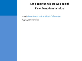 Les opportunités du Web social
L'éléphant dans le salon
Le web ajoute du sens et de la valeur à l’information
Tagging, commentaires
 