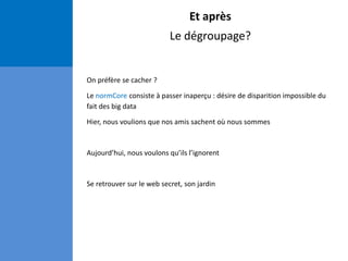 Et après
Le dégroupage?
On préfère se cacher ?
Le normCore consiste à passer inaperçu : désire de disparition impossible du
fait des big data
Hier, nous voulions que nos amis sachent où nous sommes
Aujourd’hui, nous voulons qu’ils l’ignorent
Se retrouver sur le web secret, son jardin
 