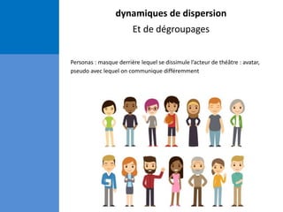 dynamiques de dispersion
Et de dégroupages
Personas : masque derrière lequel se dissimule l’acteur de théâtre : avatar,
pseudo avec lequel on communique différemment
 
