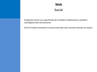 Web
Social
Production d’une vue superficielle de la réalité en délaissant le caractère
contraignant des connaissance
Tout le monde inventerait sa version des faits sans vraiment écouter les autres
 