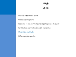 Web
Social
Diversité est reine sur le web
Vitrine des imaginaires
Economie de niches d’intelligence à partager ou à découvrir
Participation : donne lieu à modèle économique
Marché des multitudes
L’effet super star domine
 