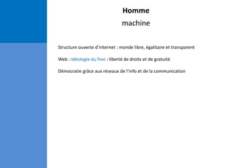 Homme
machine
Structure ouverte d’internet : monde libre, égalitaire et transparent
Web : Idéologie du free : liberté de droits et de gratuité
Démocratie grâce aux réseaux de l’info et de la communication
 