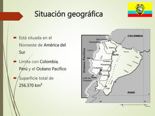Situación geográfica
 Está situada en el
Noroeste de América del
Sur
 Limita con Colombia,
Perú y el Océano Pacifico
 Superficie total de
256.370 km²
 