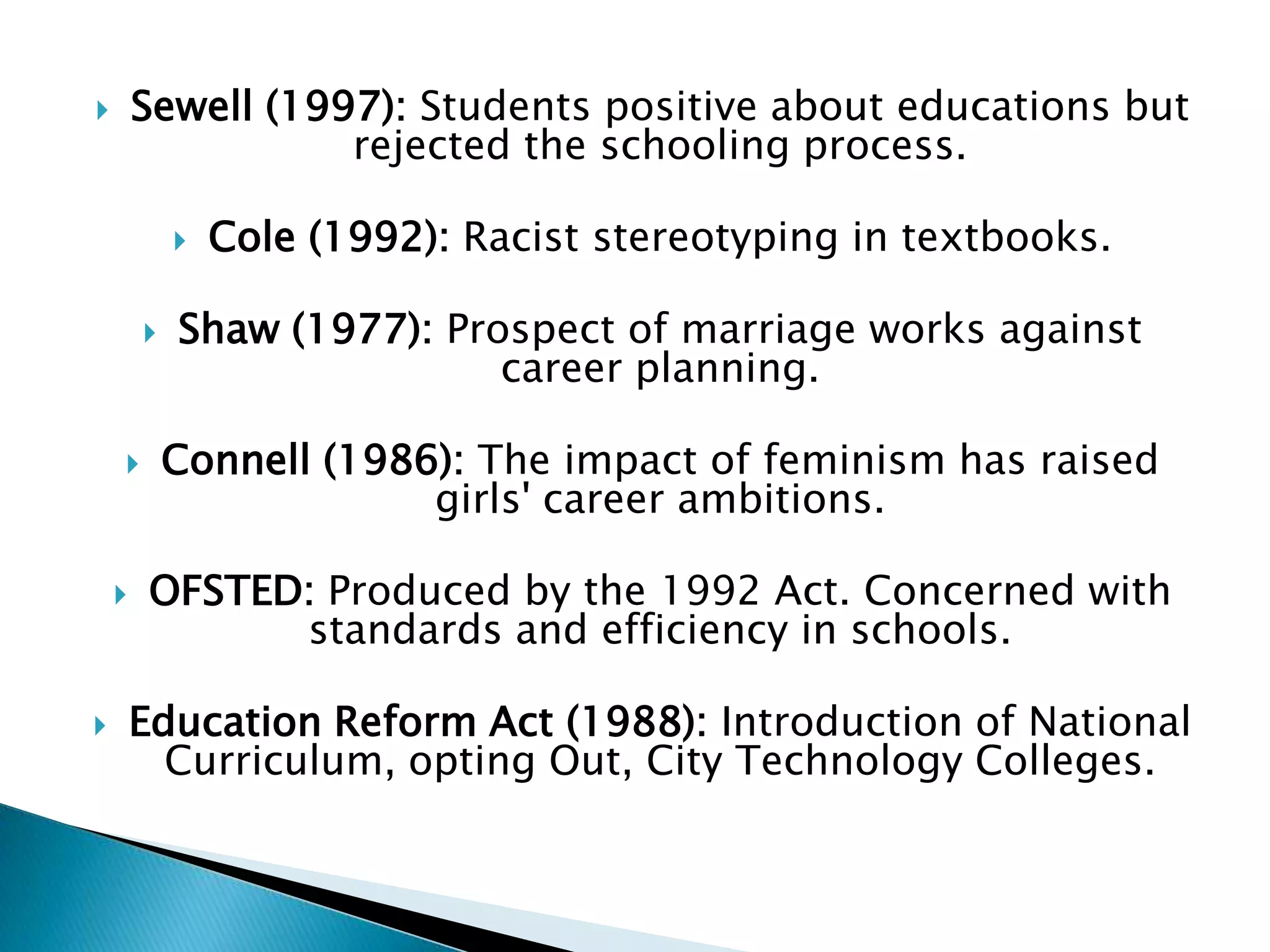        Sewell (1997): Students positive about educations but
                   rejected the schooling process.

               Cole (1992): Racist stereotyping in textbooks.

           Shaw (1977): Prospect of marriage works against
                            career planning.

           Connell (1986): The impact of feminism has raised
                         girls' career ambitions.

        OFSTED: Produced by the 1992 Act. Concerned with
               standards and efficiency in schools.

       Education Reform Act (1988): Introduction of National
          Curriculum, opting Out, City Technology Colleges.
 