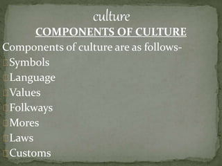 COMPONENTS OF CULTURE
Components of culture are as follows-
Symbols
Language
Values
Folkways
Mores
Laws
Customs
 