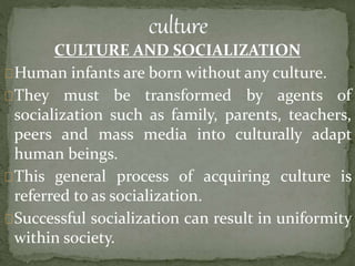 CULTURE AND SOCIALIZATION
Human infants are born without any culture.
They must be transformed by agents of
socialization such as family, parents, teachers,
peers and mass media into culturally adapt
human beings.
This general process of acquiring culture is
referred to as socialization.
Successful socialization can result in uniformity
within society.
 