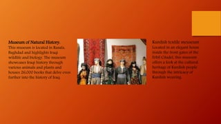 Museum of Natural History:
This museum is located in Rasafa,
Baghdad and highlights Iraqi
wildlife and biology. The museum
showcases Iraqi history through
various animals and plants and
houses 26,000 books that delve even
further into the history of Iraq.
Kurdish textile meuseum
Located in an elegant house
inside the front gates of the
Erbil Citadel, this museum
offers a look at the cultural
heritage of Kurdish people
through the intricacy of
Kurdish weaving.
 