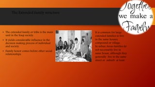 The Extended family structure
• The extended family or tribe is the main
unit in the Iraqi society.
• It yields considerable influence in the
decision making process of individual
and society.
• Family honor comes before other social
relationships.
It is common for large
extended families to live
in the same houses,
compound or village.
In urban Areas families do
not necessarily live in
same house, although they
generally live in the same
street or suburb at least.
 