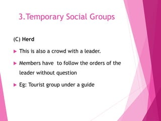 3.Temporary Social Groups
(C) Herd
 This is also a crowd with a leader.
 Members have to follow the orders of the
leader without question
 Eg: Tourist group under a guide
 