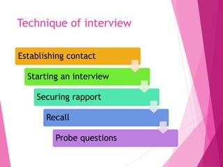 Technique of interview
Establishing contact
Starting an interview
Securing rapport
Recall
Probe questions
 