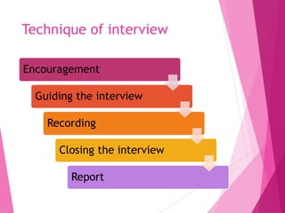 Encouragement
Guiding the interview
Recording
Closing the interview
Report
Technique of interview
 