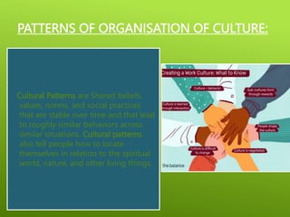 PATTERNS OF ORGANISATION OF CULTURE:
Cultural Patterns are Shared beliefs,
values, norms, and social practices
that are stable over time and that lead
to roughly similar behaviors across
similar situations. Cultural patterns
also tell people how to locate
themselves in relation to the spiritual
world, nature, and other living things.
 