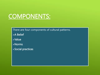 COMPONENTS:
There are four components of cultural patterns.
A Belief
Value
Norms
Social practices
 