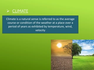  CLIMATE
Climate is a natural sense is referred to as the average
course or condition of the weather at a place over a
period of years as exhibited by temperature, wind,
velocity
 