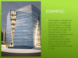 EXAMPLE:
 If we make a company in
city and in a village, we
should have to manage
the company according
to environment like: we
should have ro hire
educated employees who
tell people about
company but on other
hand, educated people
lives in cities so the
company will work easily
in city.
 