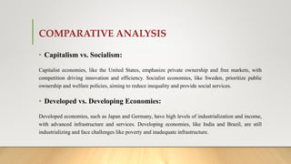 COMPARATIVE ANALYSIS
• Capitalism vs. Socialism:
Capitalist economies, like the United States, emphasize private ownership and free markets, with
competition driving innovation and efficiency. Socialist economies, like Sweden, prioritize public
ownership and welfare policies, aiming to reduce inequality and provide social services.
• Developed vs. Developing Economies:
Developed economies, such as Japan and Germany, have high levels of industrialization and income,
with advanced infrastructure and services. Developing economies, like India and Brazil, are still
industrializing and face challenges like poverty and inadequate infrastructure.
 