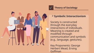 Theory of Sociology
Symbolic Interactionism
Society is constructed
through the everyday
interactions of individuals.
Meaning is created and
modified through
communication and symbols
(e.g., language, gestures).
Key Proponents: George
Herbert Mead, Erving
Goffman
 