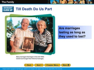 The Family
Original Content Copyright © Holt McDougal. Additions and changes to the original content are the responsibility of the instructor.
Till Death Do Us Part
Are marriages
lasting as long as
they used to last?
 